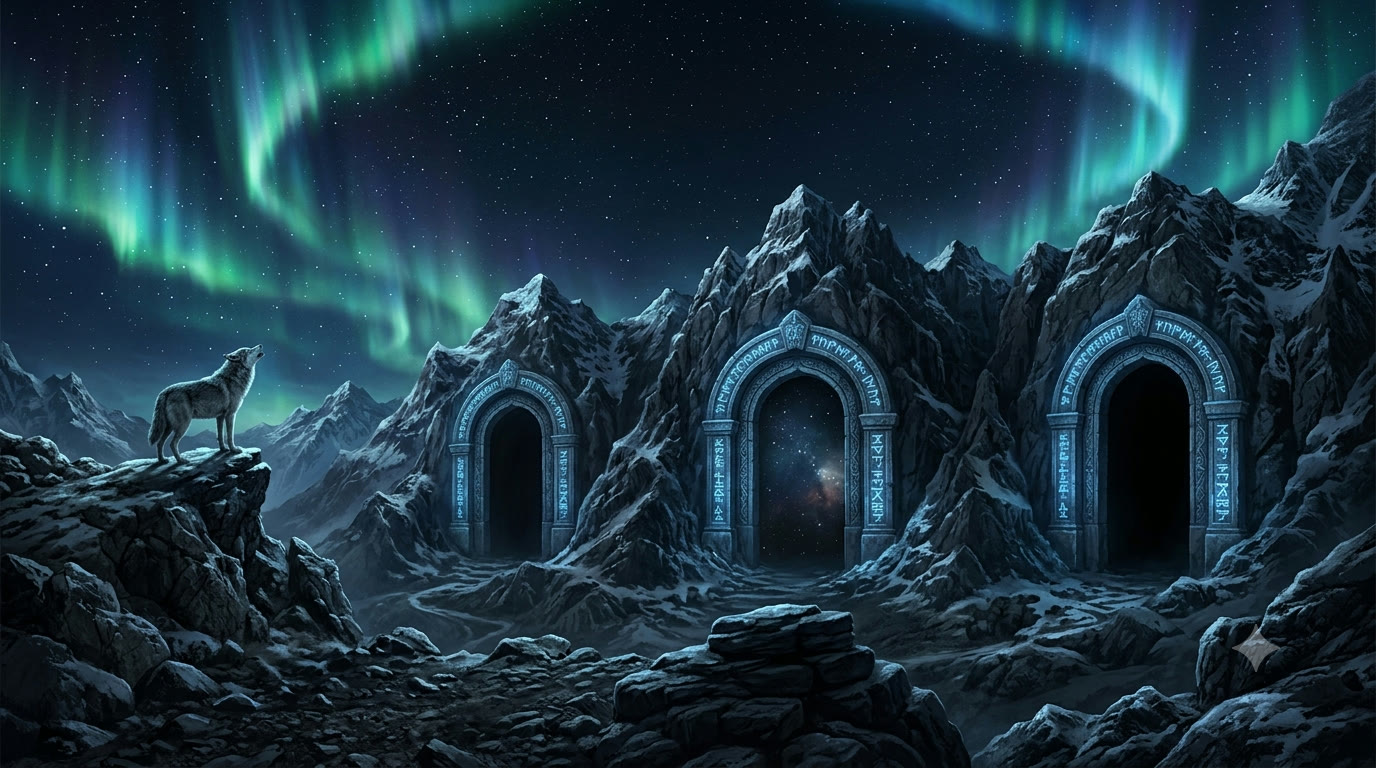 A runed mountain gate under the aurora; a wolf howls at the edge.