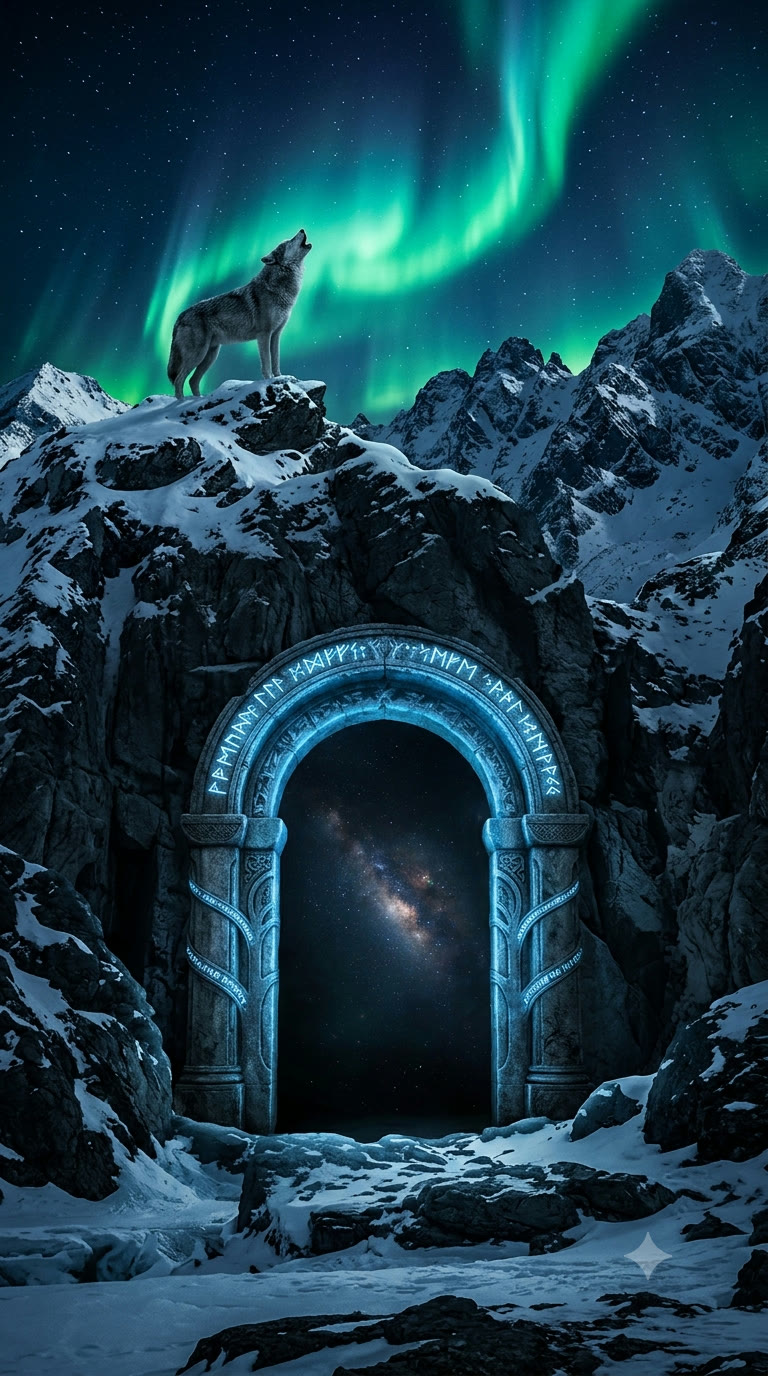 A runed mountain gate under the aurora; a wolf howls at the edge.